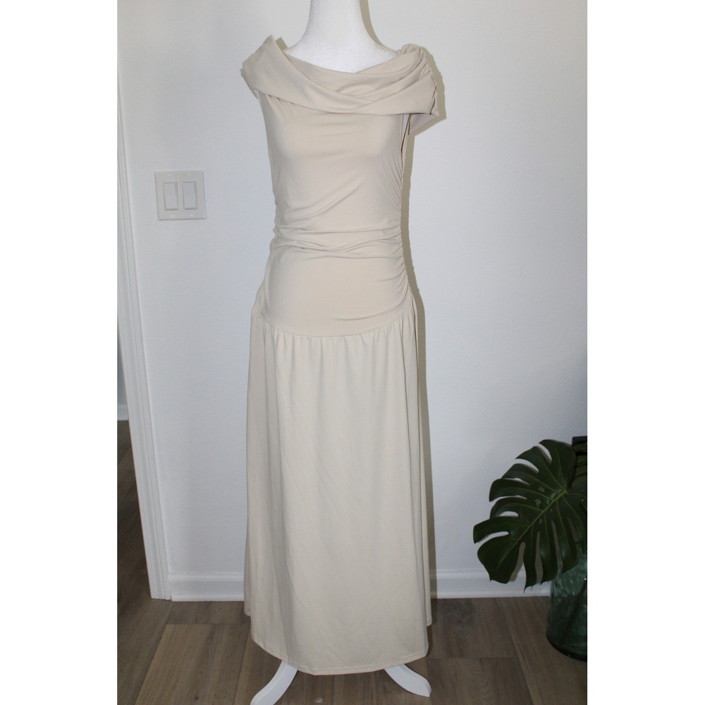 Beige Cowl Neck Off The Shoulder Ruched Sleeveless Maxi Dress Gown M